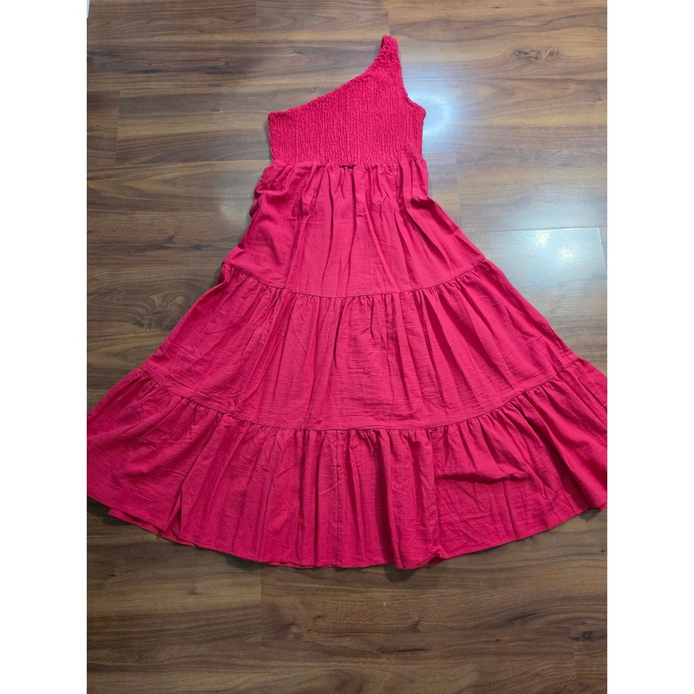 New One Shoulder Maxi Dress Size S Red Smocked Tiered Summer Boho
